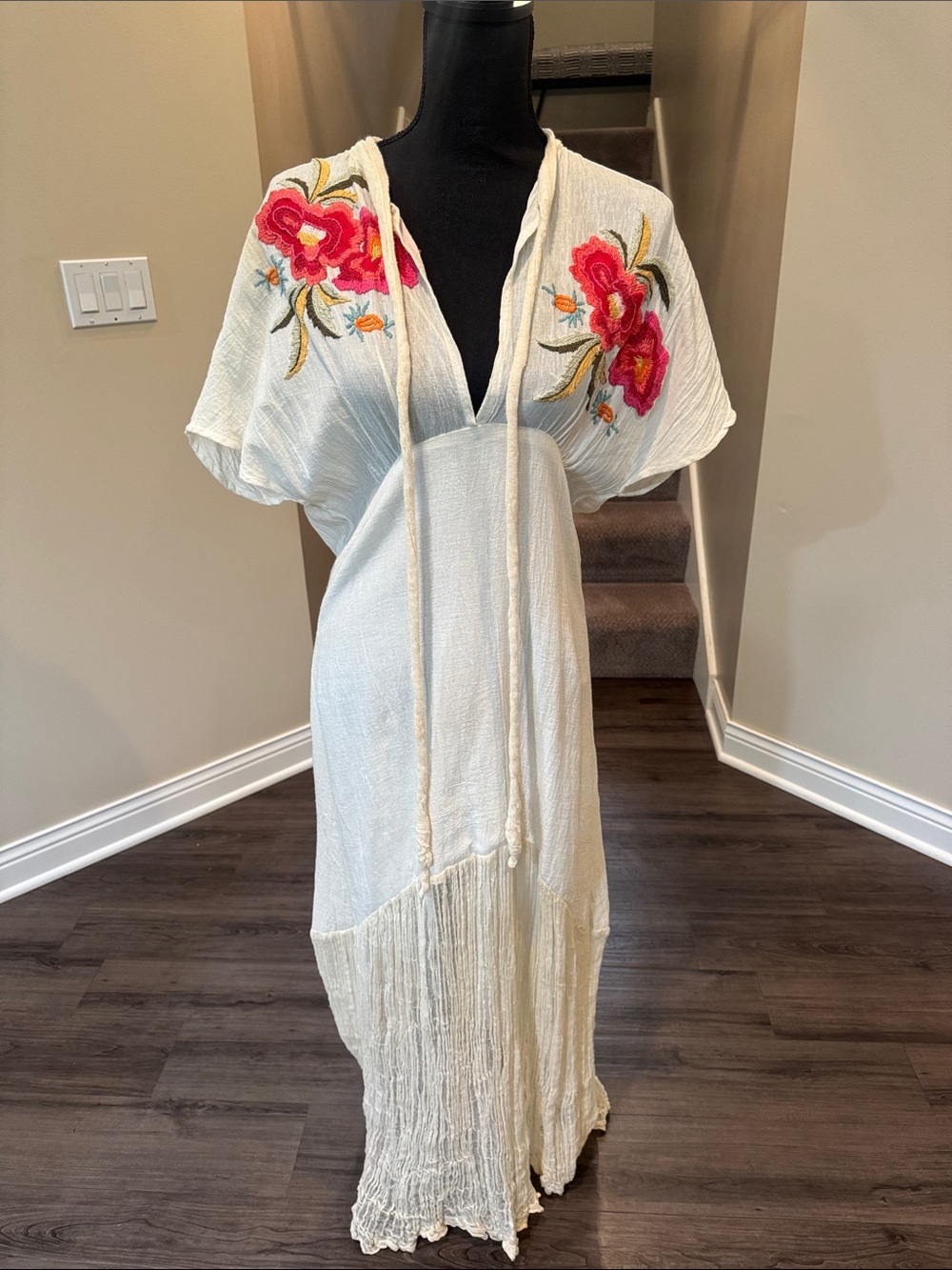 Bohemian Cream Maxi Dress with Pink Floral Embroidery
